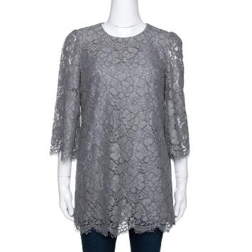 Pre Owned Dolce & Gabbana Grey Floral Corded Lace Three Quarter Sleeve Top M 