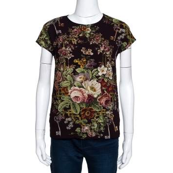 مملوكة مسبقًا Dolce & Gabbana Brown Crepe Key Print Short Sleeve Top XS