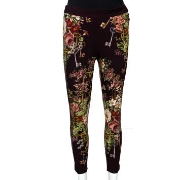 Pre Owned Dolce & Gabbana Brown Crepe Key Print Fitted Cropped Pants S 