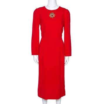 Pre Owned Dolce & Gabbana Red Crepe Heart Logo Embellished Dress L