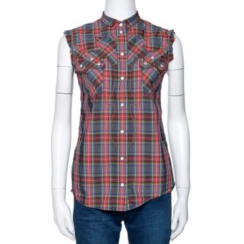 Pre Owned Dolce & Gabbana Grey & Red Plaid Cotton Sleeveless Button Front Shirt S