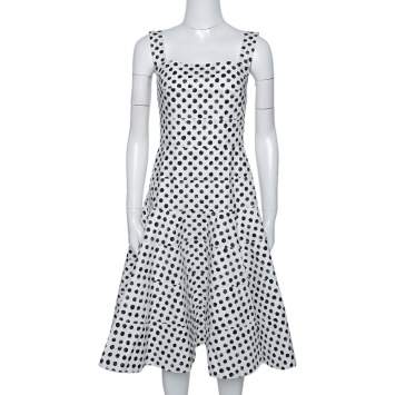 Pre Owned Dolce & Gabbana Monochrome Polka Dot Cotton Panelled Flared Midi Dress S 