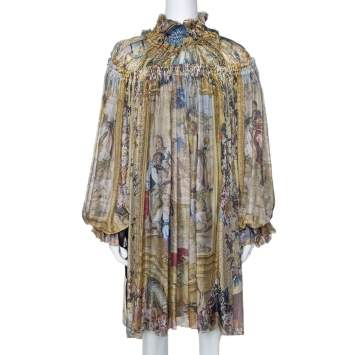 Pre Owned D&G Multicolor Printed Silk Gathered & Ruffled Long Sleeve Tunic M