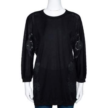 Pre Owned Dolce & Gabbana Black Cashmere Silk Lace Trim Long Sleeve Top L