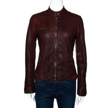 Pre Owned Dolce & Gabbana Brown Leather Zip Front Jacket S