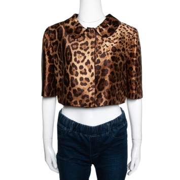 Pre Owned Dolce & Gabbana Brown Leopard Printed Silk Cropped Bolero Jacket M 
