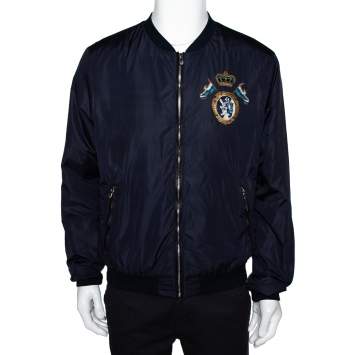 Pre Owned Dolce & Gabbana Navy Blue Synthetic & Leather Trim Detail Bomber Jacket XXL