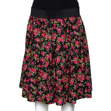 Pre Owned Dolce & Gabbana Black Floral Printed Cotton Flared Skirt L