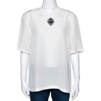 Pre Owned Dolce & Gabbana Cream Silk Floral Applique Sacred Heart Top L