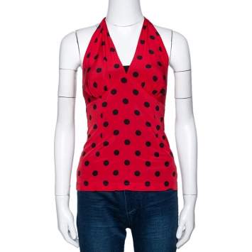 Pre Owned Dolce & Gabbana Red Polka Dot Stretch Silk Halter Neck Top S
