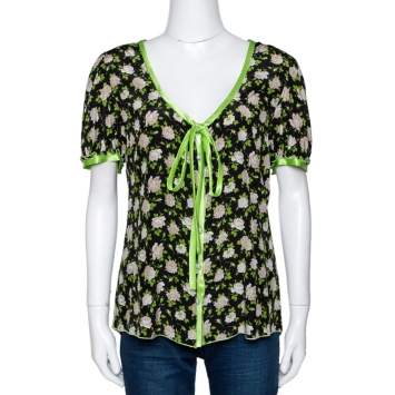 Pre Owned Dolce & Gabbana Black Rose Print Silk Button Front Blouse L