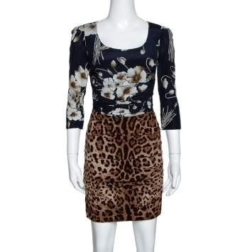 Pre Owned Dolce & Gabbana Brown Mixed Print Silk Ruched Dress S