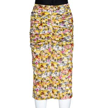 Pre Owned Dolce & Gabbana Yellow Floral Print Stretch Silk Ruched Skirt M