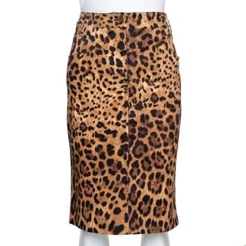 Pre Owned Dolce & Gabbana Brown Leopard Print Cotton Fitted Skirt L