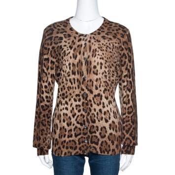 Pre Owned Dolce & Gabbana Brown Leopard Print Cashmere Cardigan L