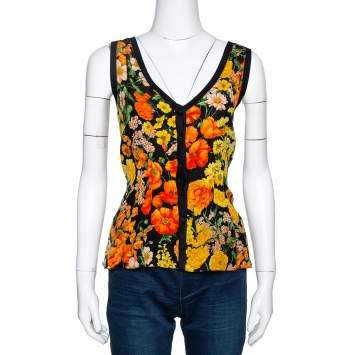 Pre Owned Dolce & Gabbana Black Floral Print Silk & Cotton Sleeveless Top L