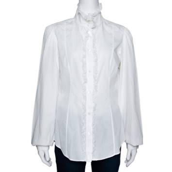 Pre Owned Dolce & Gabbana White Cotton Ruffled Lace Trim Shirt L