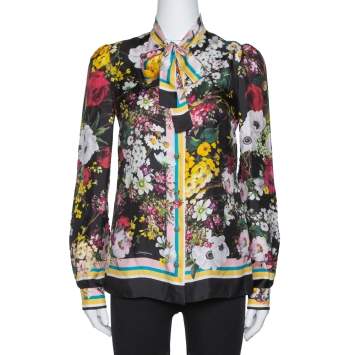 Pre Owned Dolce & Gabbana Bleck Floral Print Silk Bow Neck Blouse S