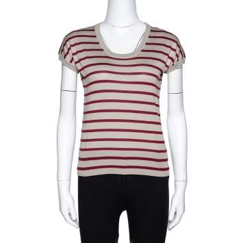 Pre Owned Dolce & Gabbana Beige Striped Silk Knit Top M