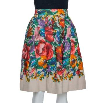 مملوكة مسبقًا Dolce & Gabbana Beige Floral Print Linen Flared Skirt M