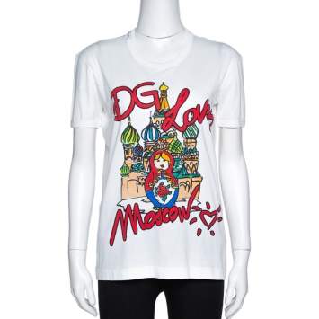 Pre Owned Dolce & Gabbana Exclusive Edition White Cotton DG Loves Moscow Print T Shirt S