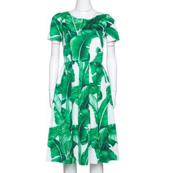Pre Owned Dolce & Gabbana Green and White Banana Leaf Print Cotton Midi Dress M