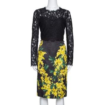 Pre Owned Dolce & Gabbana Black Mimosa Print Brocade And Lace Dress M