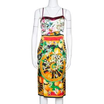 Pre Owned Dolce & Gabbana Multicolor Floral Lemon Print Silk Satin Sheath Dress S