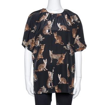 Pre Owned Dolce & Gabbana Black Cat Print Silk Short Sleeve Blouse M
