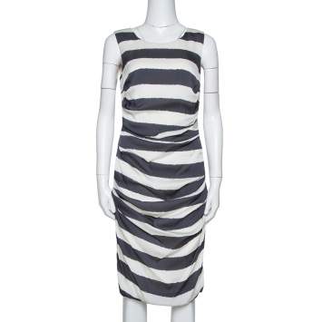 Pre Owned Dolce & Gabbana Monochrome Striped Stretch Silk Ruched Dress L