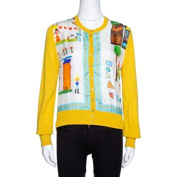 Pre Owned Dolce & Gabbana Yellow Printed Silk & Cashmere Knit Cardigan M
