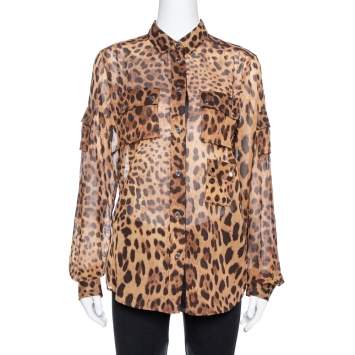 Pre Owned Dolce & Gabbana Brown Leopard Print Cotton & Silk Button Front Shirt M