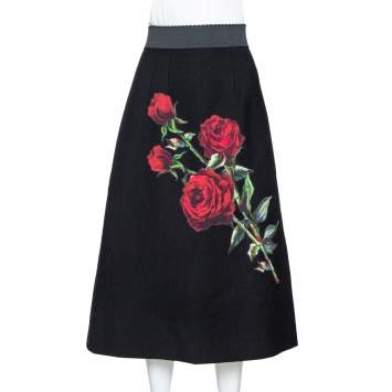 Pre Owned Dolce & Gabbana Black Wool Rose Appliqued A-Line Skirt M