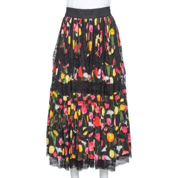 Pre Owned Dolce & Gabbana Black Tulip Print Silk Lace Trim Flared Skirt L