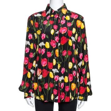 Pre Owned Dolce & Gabbana Black Tulip Print Silk Long Sleeve Shirt L