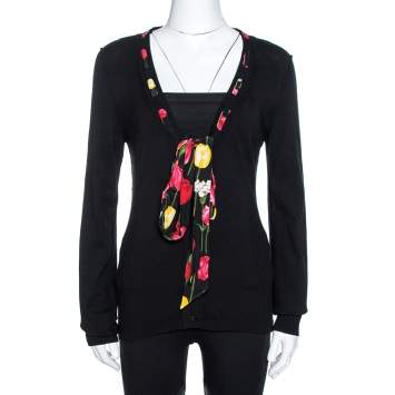 Pre Owned Dolce & Gabbana Black Knit Tulip Print Tie Neck Cardigan L