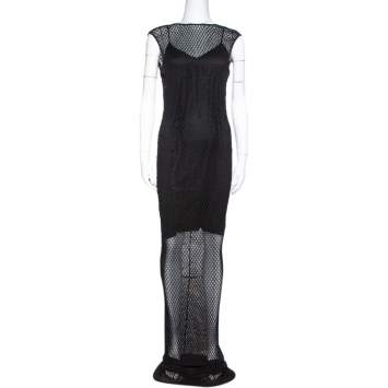 Pre Owned Dolce & Gabbana Vintage Black Sheer Mesh Plunge Back Gown M