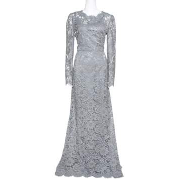 Pre Owned Dolce & Gabbana Grey Floral Corded Lace Maxi Dress L