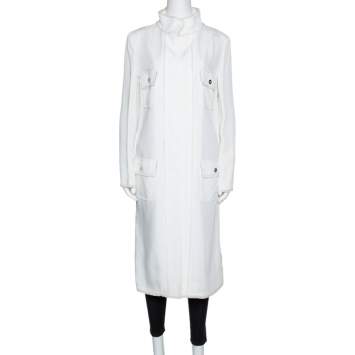 Pre Owned Dolce & Gabbana Ivory Fringed Button Front Mid Length Coat M