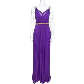 Pre Owned Dolce & Gabbana Purple Silk Chiffon Embellished Maxi Dress L