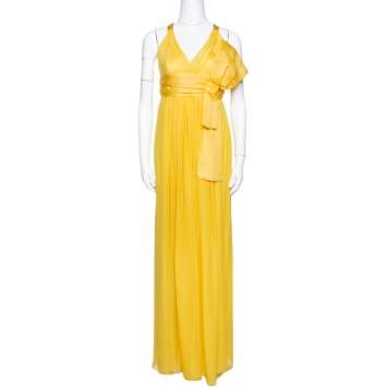 Pre Owned Dolce & Gabbana Yellow Silk Bow Detail Sleeveless Maxi Dress M
