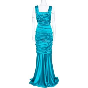 Pre Owned Dolce & Gabbana Turquoise Blue Silk Satin Ruched Maxi Dress L 