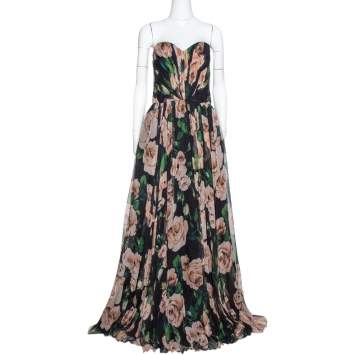 Pre Owned Dolce & Gabbana Black Rose Print Silk Gathered Strapless Dress L
