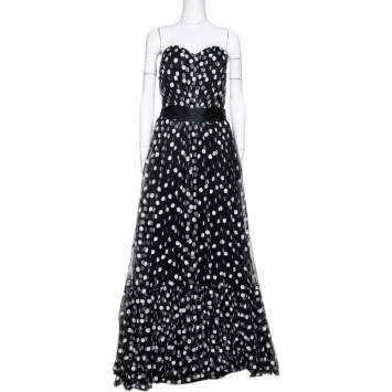 Pre Owned Dolce & Gabbana Black Polka Dot Embroidered Tulle Strapless Gown L