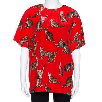 Pre Owned Dolce & Gabbana Red Cat Print Silk Short Sleeve Blouse M