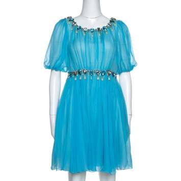 Pre Owned Dolce & Gabbana Blue Silk Chiffon Crystal Embellished Dress M 