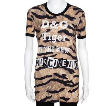 Pre Owned Dolce & Gabbana Brown Tiger Print Jersey T-Shirt XS