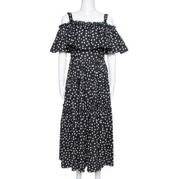 Pre Owned Dolce & Gabbana Black Pois Print Cotton Tiered Maxi Dress M