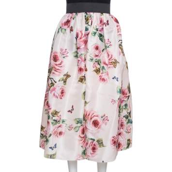 Pre Owned Dolce & Gabbana Pink Rose Print Organdy Silk Midi Skirt M
