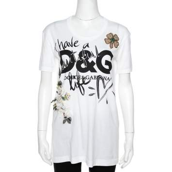Pre Owned Dolce & Gabbana White Cotton 'Beautiful Life' Floral Applique T-Shirt XS